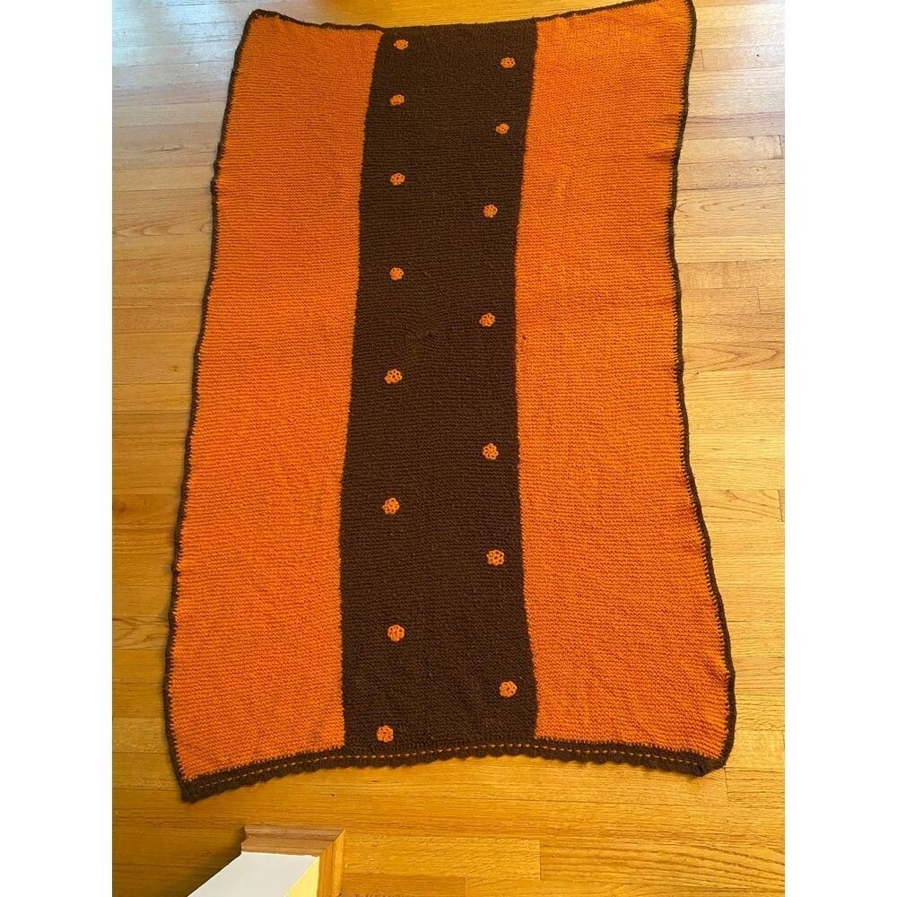 Handmade Knit Orange Brown Throw Blanket with Polka‎ Dot Design Home Decor